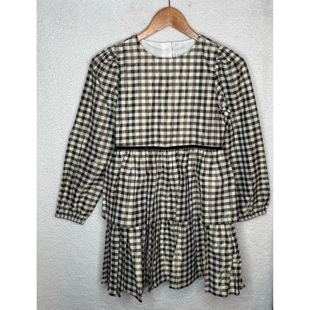 Janie and Jack Gingham Shimmer Dress Cream Sugar Plaid Tiered Girls Sz 12 NWT
